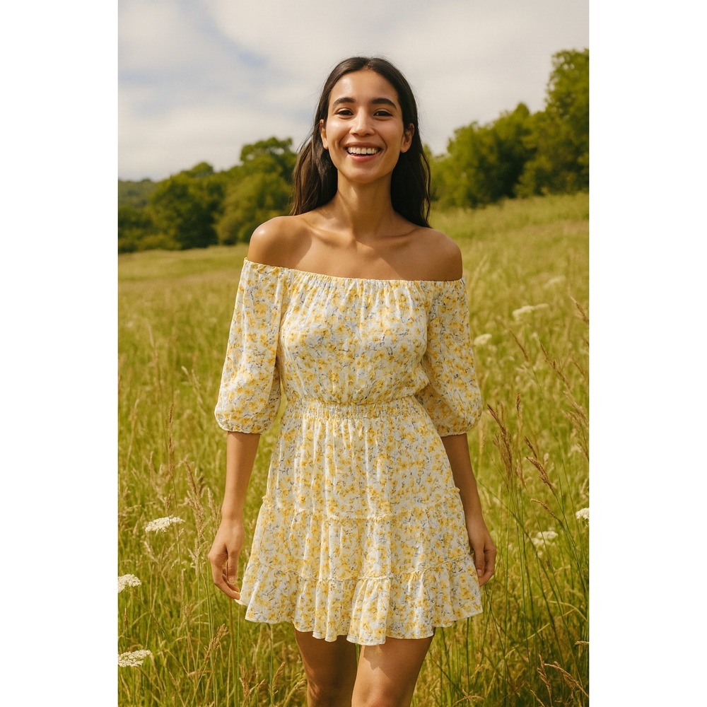 White Yellow Ditzy Floral Off The Shoulder Tiered Cottagecore Mini Dress Size XS